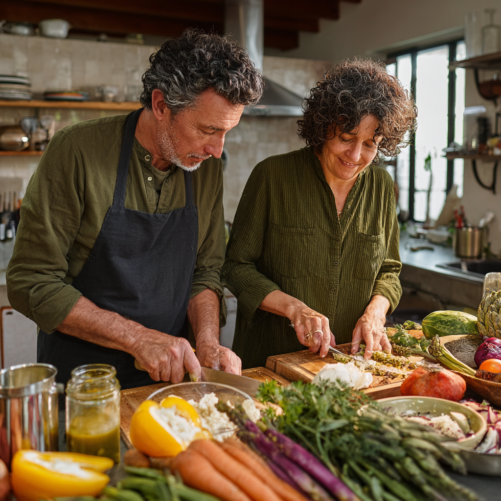 Middle-aged adults preparing healthy meals with seasonal ingredients