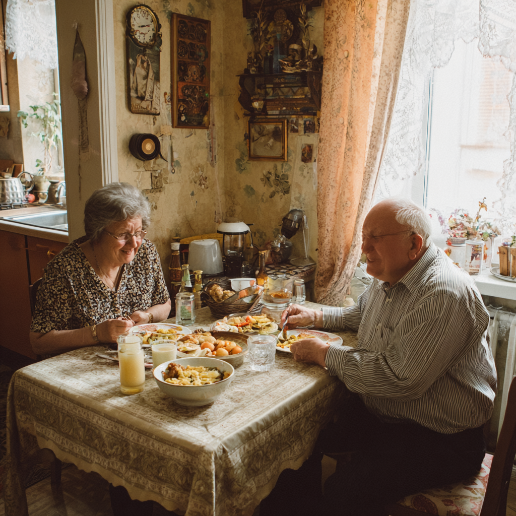 Older adults enjoying nutritious home-cooked meal together
